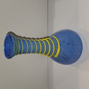Vintage 8" Art Glass Vase Light Blue Yellow Funky Retro Vase Handblown Signed